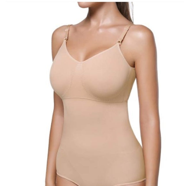 Woman wearing seamless nude bodysuit shapewear with adjustable straps, FashionRay style