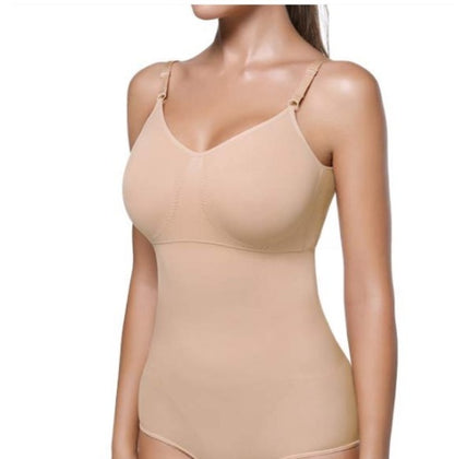 Woman wearing seamless nude bodysuit shapewear with adjustable straps, FashionRay style