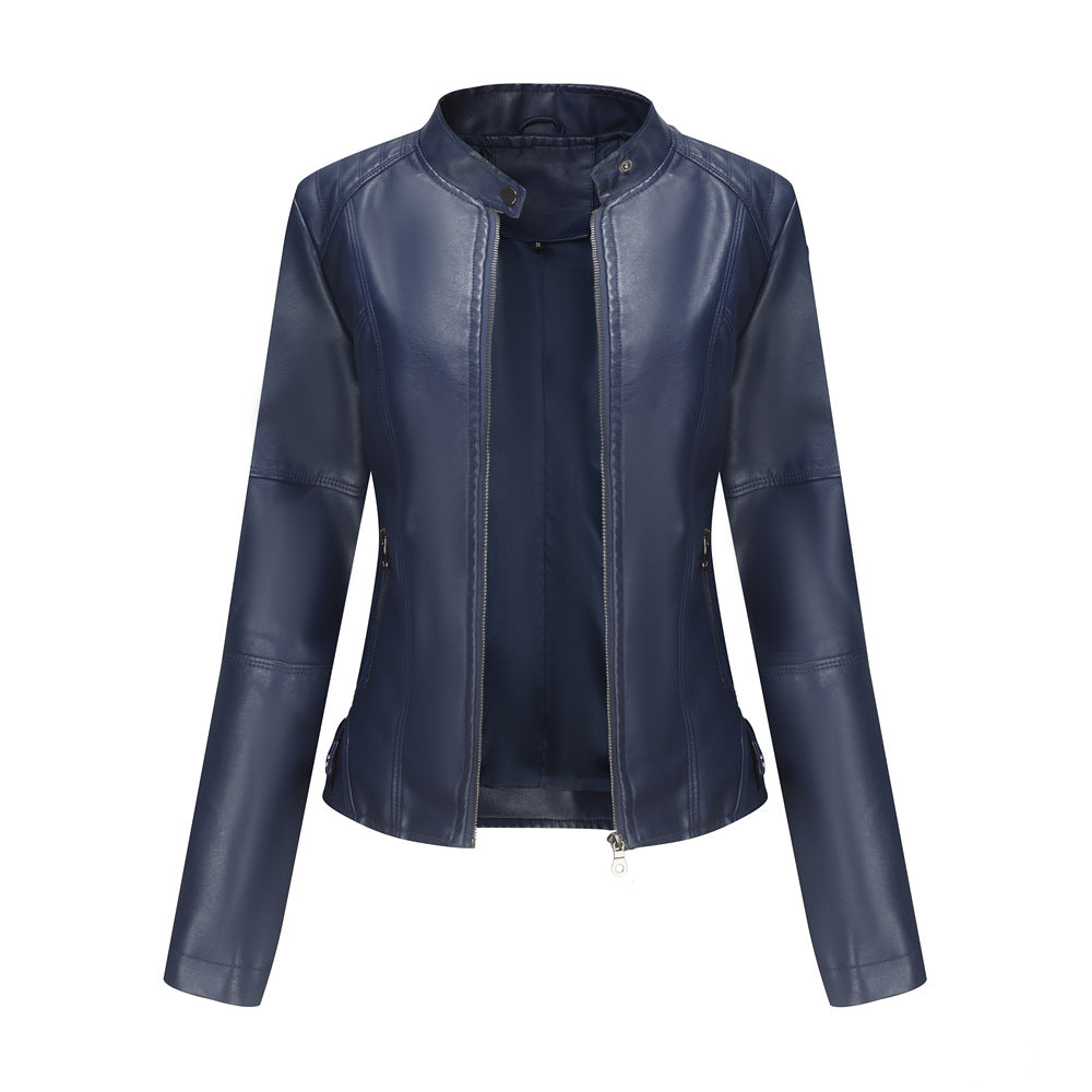 Navy blue faux leather jacket with zipper details, stylish outerwear from FashionRay