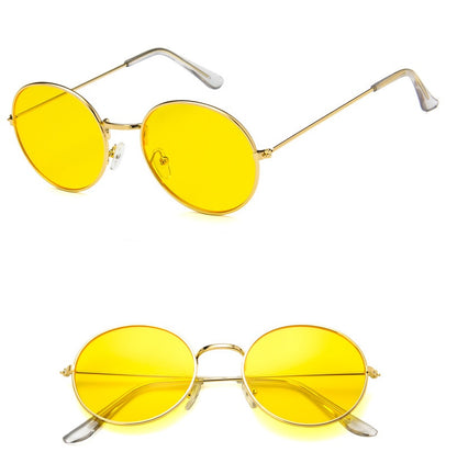 Round yellow lens sunglasses with thin gold metal frame on white background, FashionRay accessory
