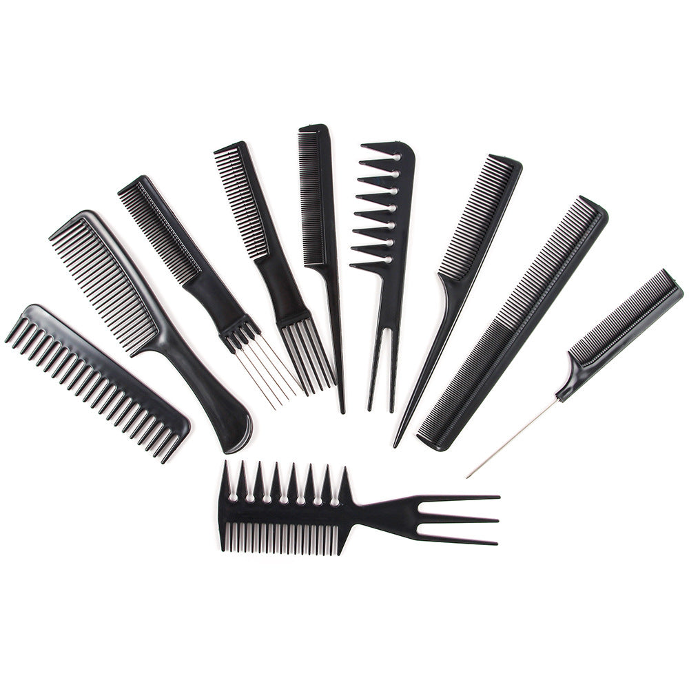 Set of assorted black styling combs and hair picks on white background, FashionRay hair tools