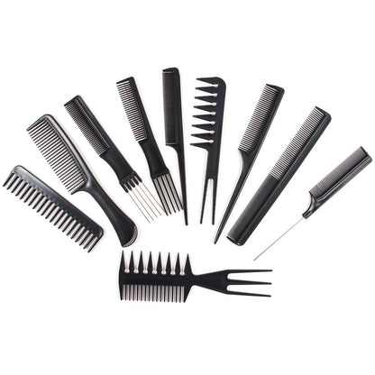 Set of assorted black styling combs and hair picks on white background, FashionRay hair tools