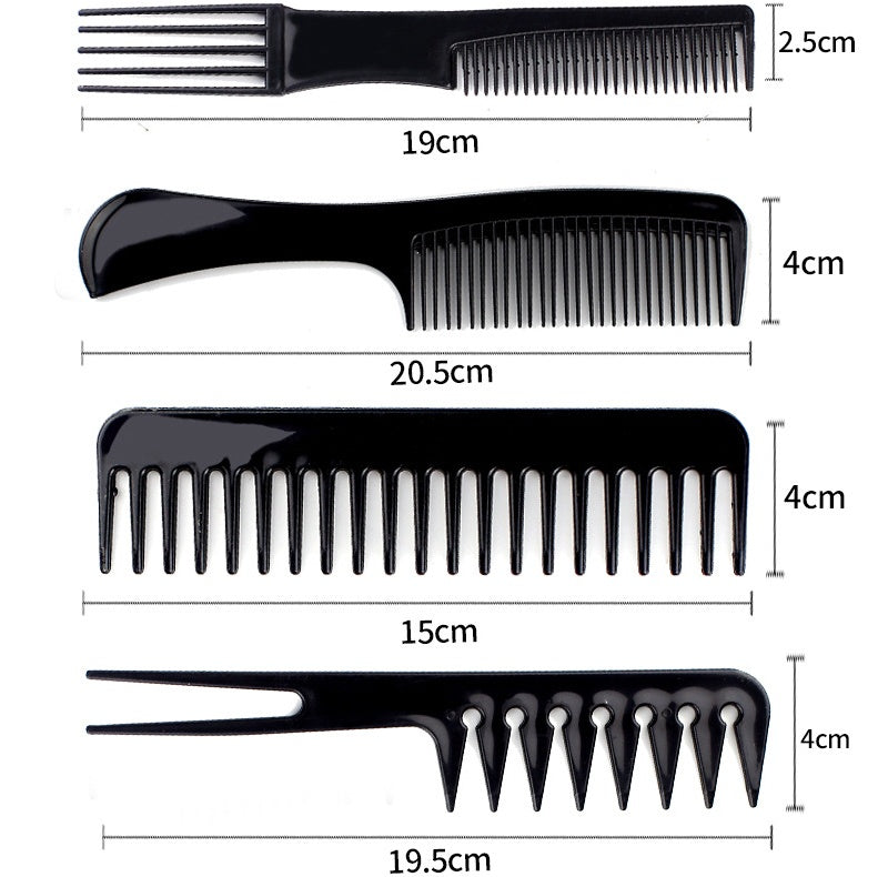 Set of four black hair combs in various shapes and sizes on white background, FashionRay