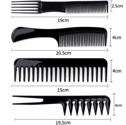 Set of four black hair combs in various shapes and sizes on white background, FashionRay