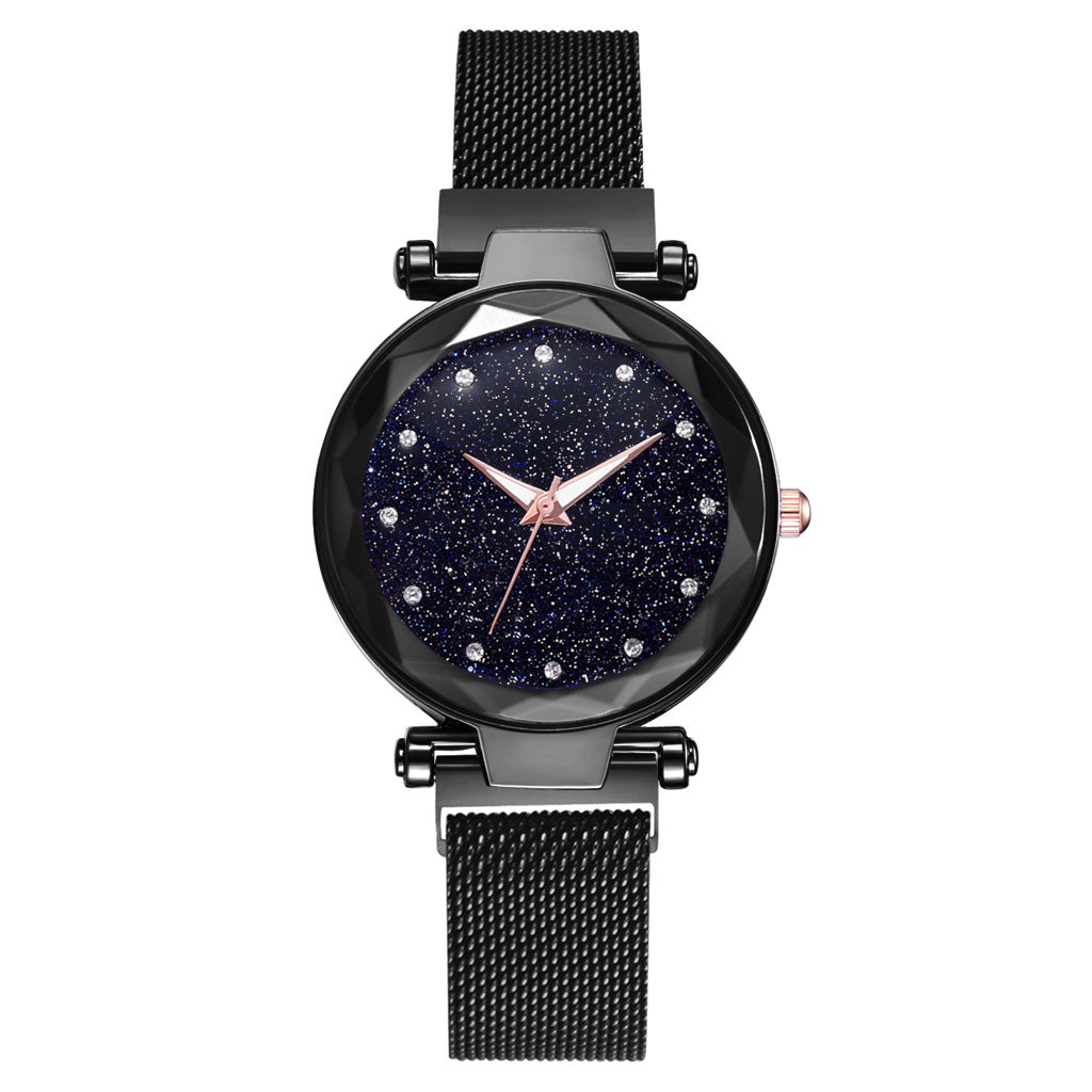 Elegant black mesh band watch with glitter starry dial and rose gold hands, FashionRay style