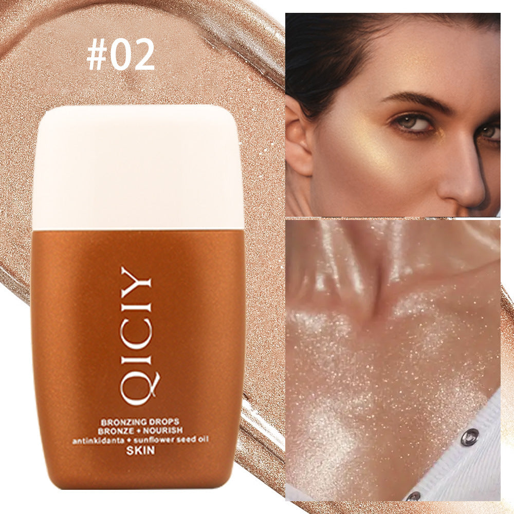QICIY bronzing drops bottle with gold shimmer, shown on face and chest for radiant skin