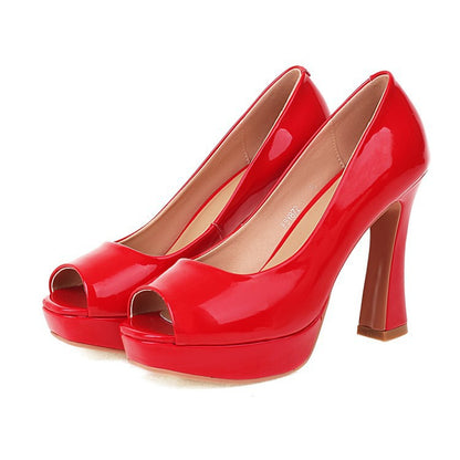 FashionRay trendy red patent leather high heel peep toe shoes on a white background