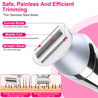 Electric shaver with curved, straight blade and middle foil, highlighting safe trimming features
