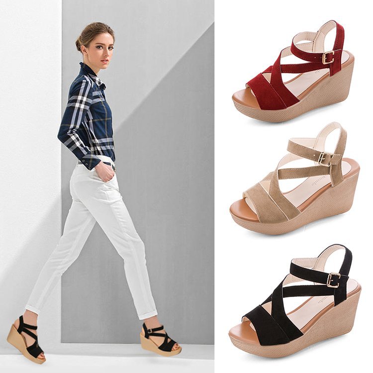Woman in plaid shirt and white pants wearing black wedge sandals, with red, beige, and black wedge sandals displayed beside her. FashionRay trendy comfort footwear.