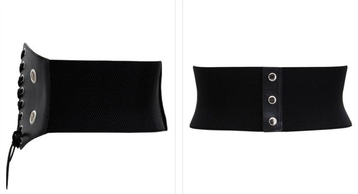 Black wide stretchy corset belt with lace-up and snap details, FashionRay trendy accessory