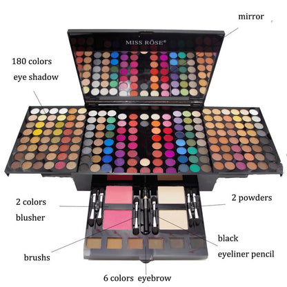 FashionRay makeup palette with 180 eyeshadow colors, blush, eyebrow shades, and mirror.