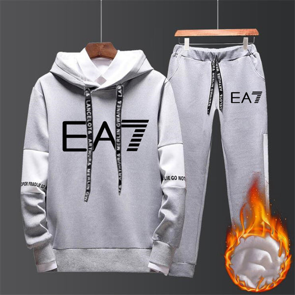 Gray EA7 lounge tracksuit set with hoodie and sweatpants, displayed on hangers, FashionRay