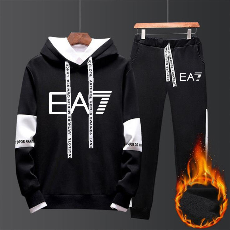 Black and white EA7 hoodie and joggers set, warm fleece, trendy loungewear at FashionRay.
