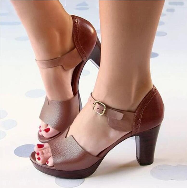 Brown leather chunky heel sandals with ankle straps, trendy fashion footwear at FashionRay