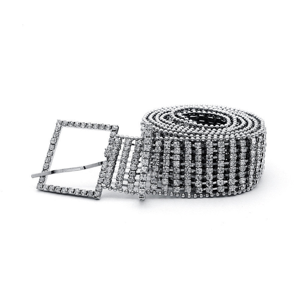 Sparkling rhinestone fashion belt with square buckle on white background, FashionRay accessory