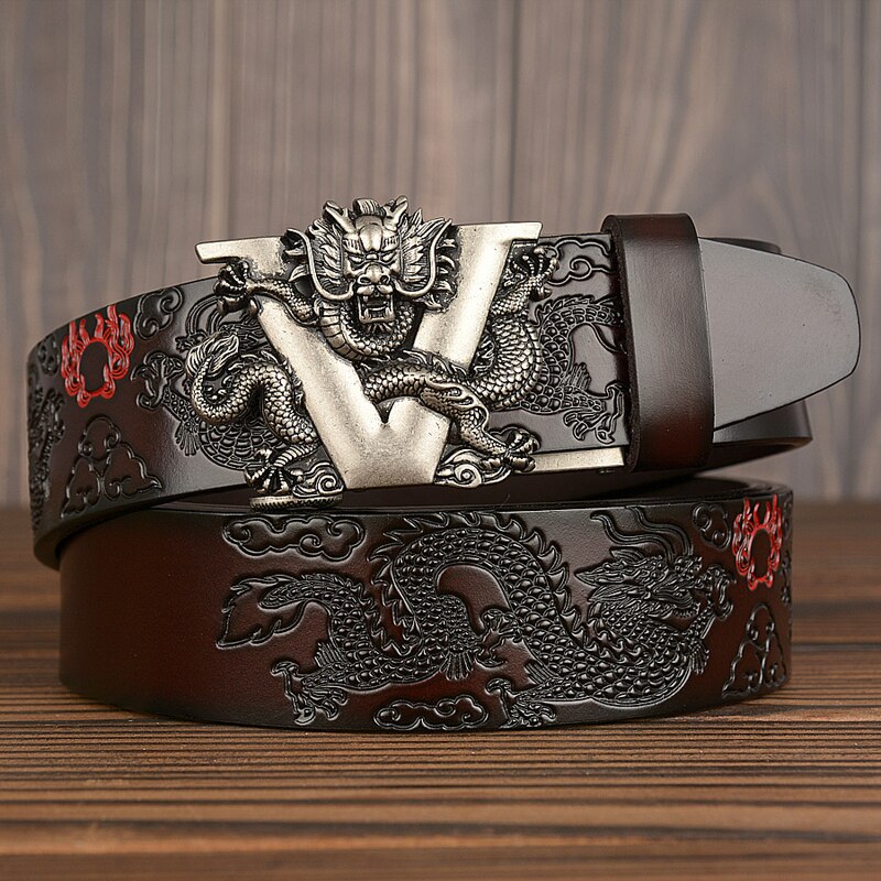 FashionRay embossed dragon leather belt with bold silver dragon buckle, stylish men's accessory