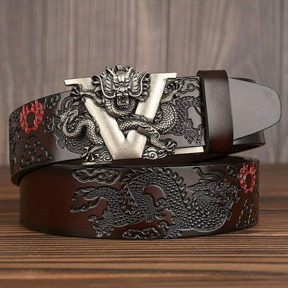 FashionRay embossed dragon leather belt with bold silver dragon buckle, stylish men's accessory