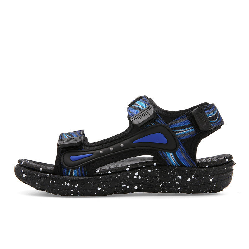 Men's black and blue open toe sandal with adjustable straps and speckled sole, FashionRay