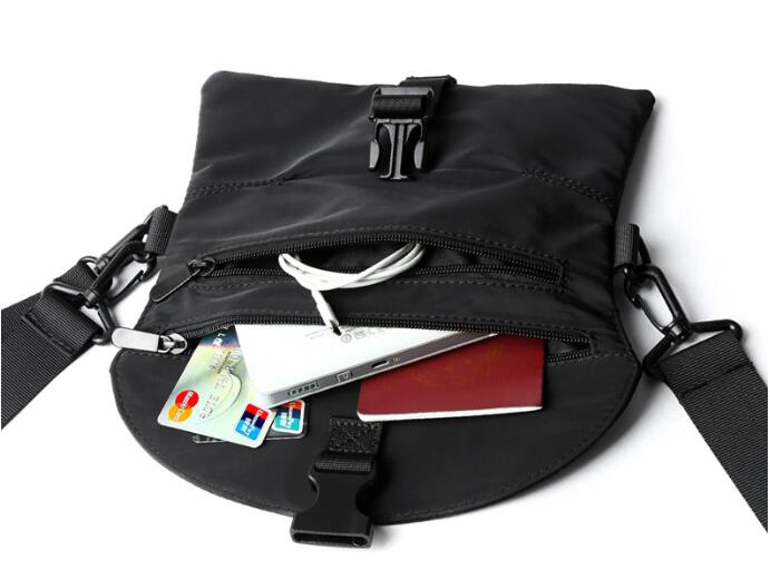Black crossbody travel bag with zipper, holding credit cards, passport, phone, FashionRay style