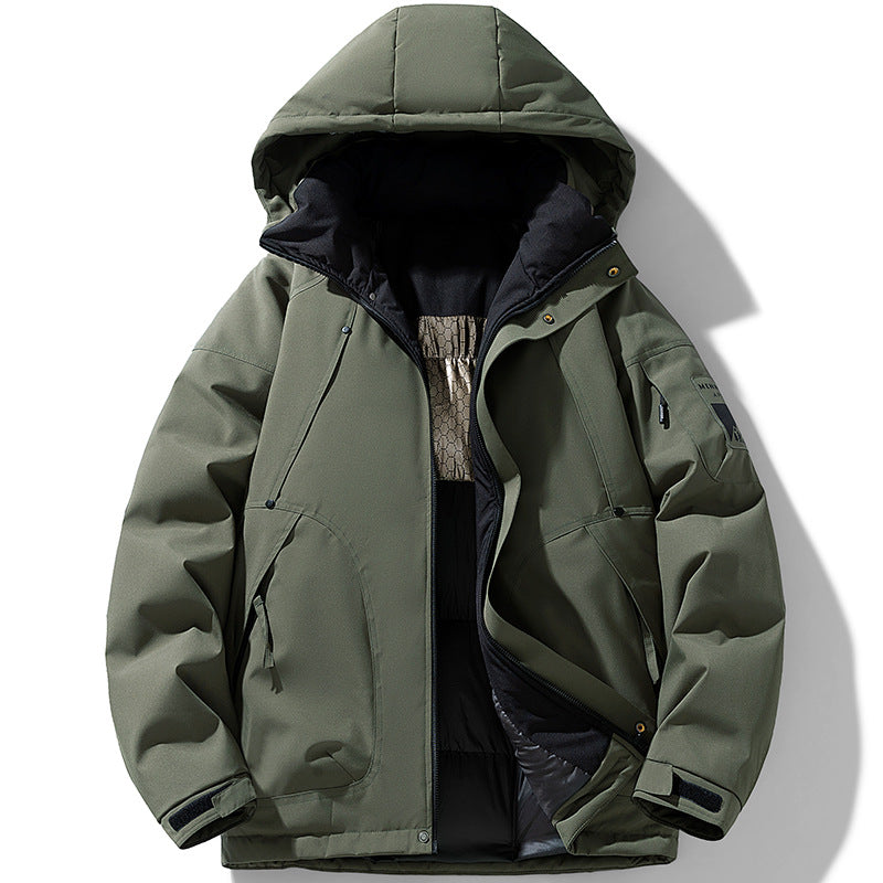 FashionRay olive green hooded winter jacket with zipper and front pockets, laid flat