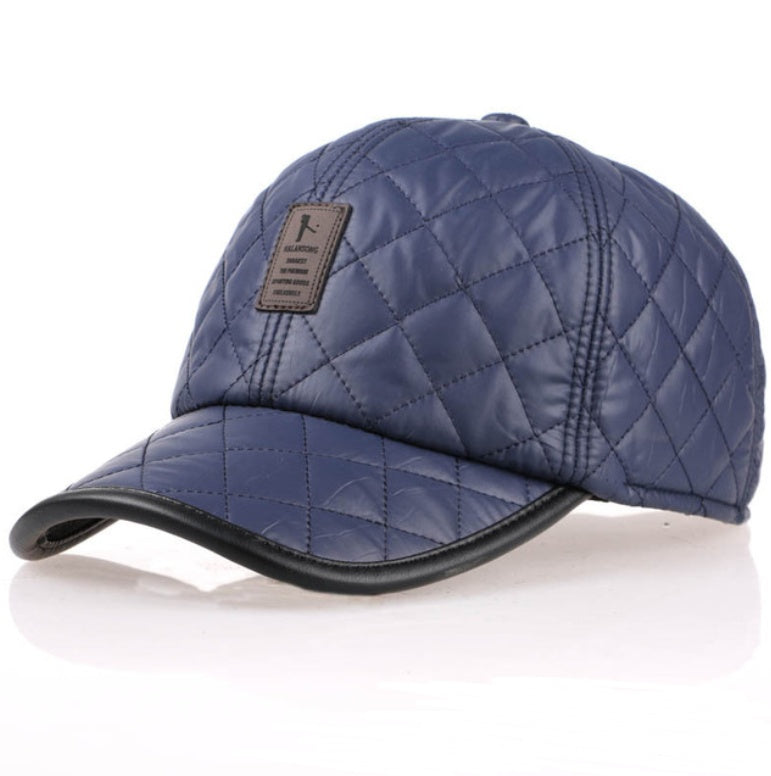 Blue quilted baseball cap with leather brim, FashionRay trendy accessory