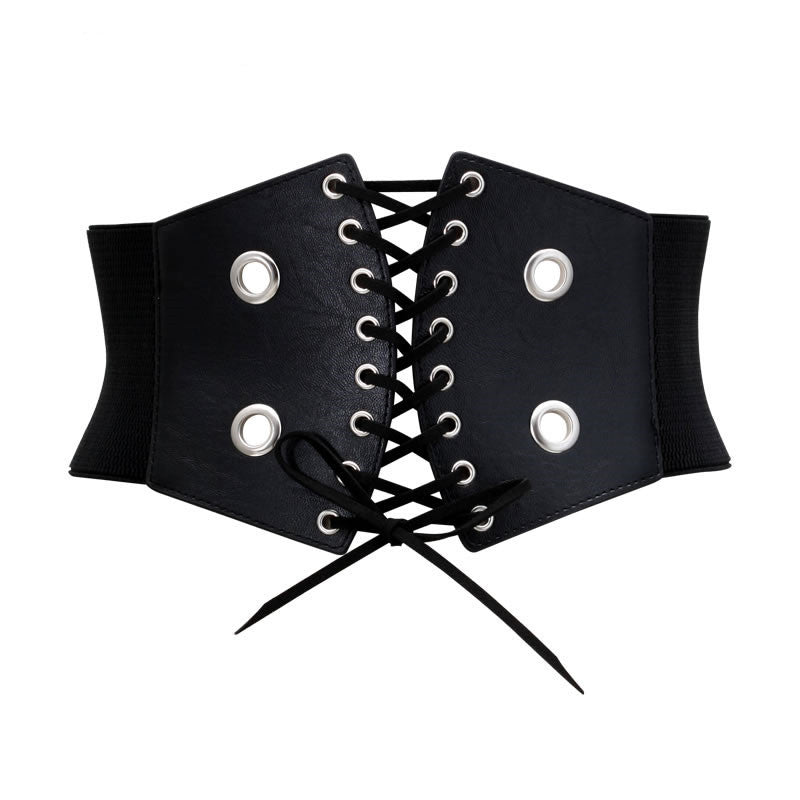 Black faux leather lace-up wide corset belt with silver eyelets, FashionRay trendy accessory