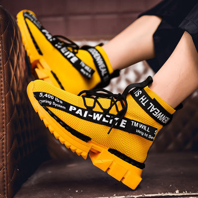 FashionRay bold yellow sneakers with chunky sole and black laces, modern urban style footwear