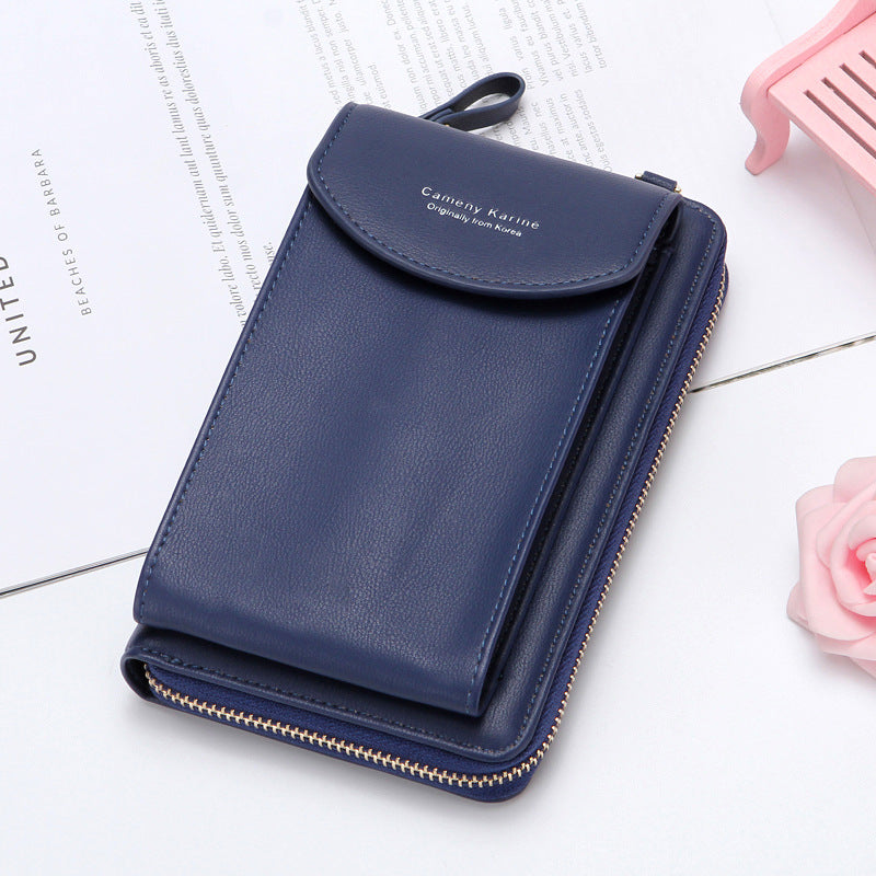 Navy blue leather wallet purse with zipper, stylish accessory from FashionRay on white background.