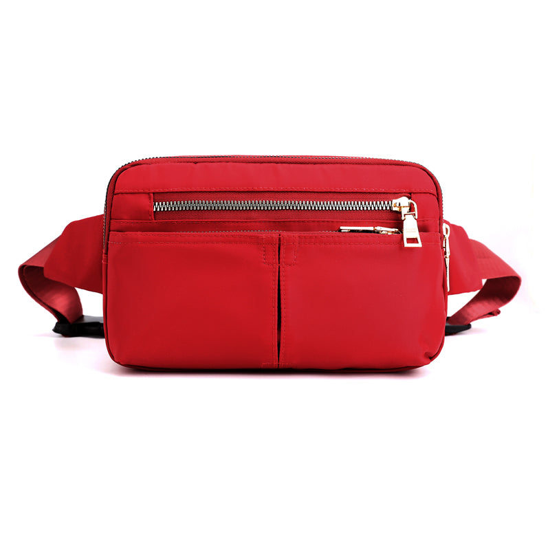 FashionRay red crossbody bag with front zippers and adjustable strap on white background