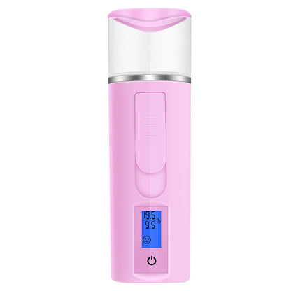 Pink portable facial steamer with digital display, stylish skincare device from FashionRay