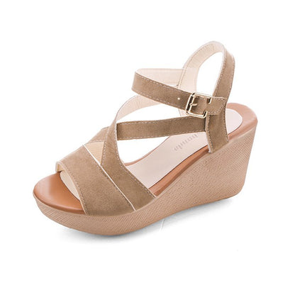 Beige suede wedge sandal with ankle strap and buckle from FashionRay