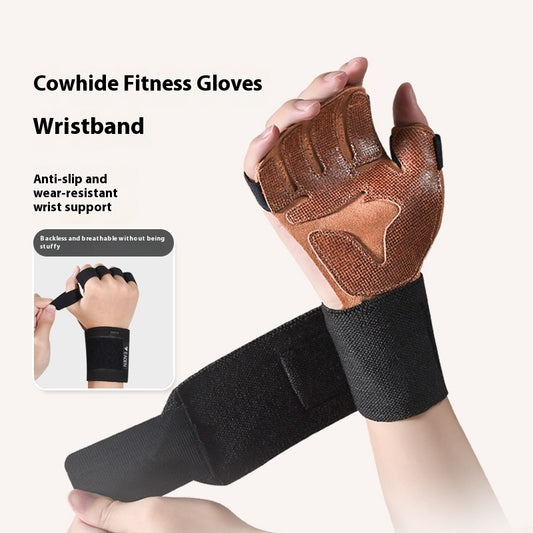 Cowhide fitness gloves with black wristband, anti-slip and breathable, at FashionRay