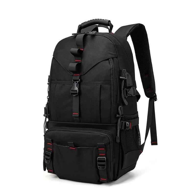 Black tactical backpack with multiple pockets and buckles, stylish travel gear from FashionRay