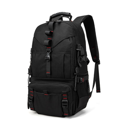 Black tactical backpack with multiple pockets and buckles, stylish travel gear from FashionRay
