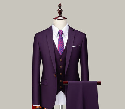 Men’s purple three-piece suit with vest, white shirt, and tie, FashionRay modern formalwear