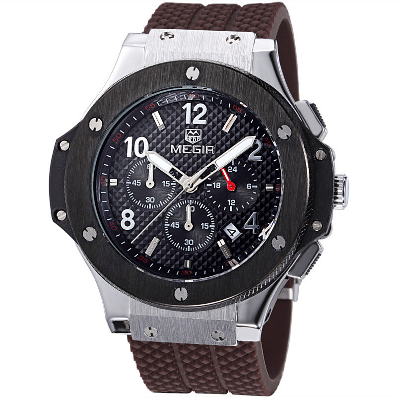 Men's MEGIR chronograph watch with black dial, brown textured band, and silver accents
