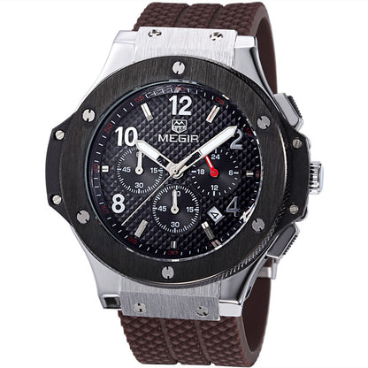 Men's MEGIR chronograph watch with black dial, brown textured band, and silver accents