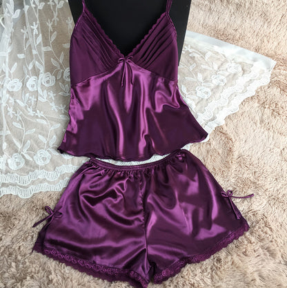 Purple satin camisole and shorts sleepwear set with lace trim on FashionRay