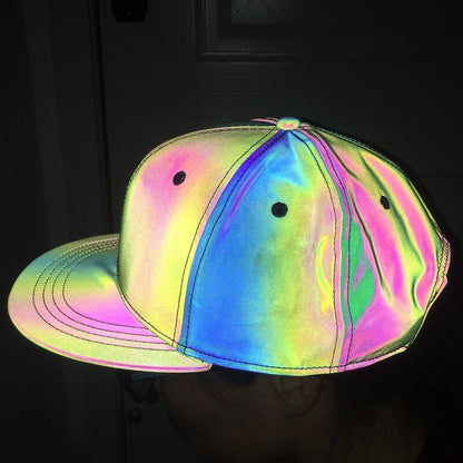 Holographic rainbow baseball cap reflecting vibrant colors, trendy streetwear accessory