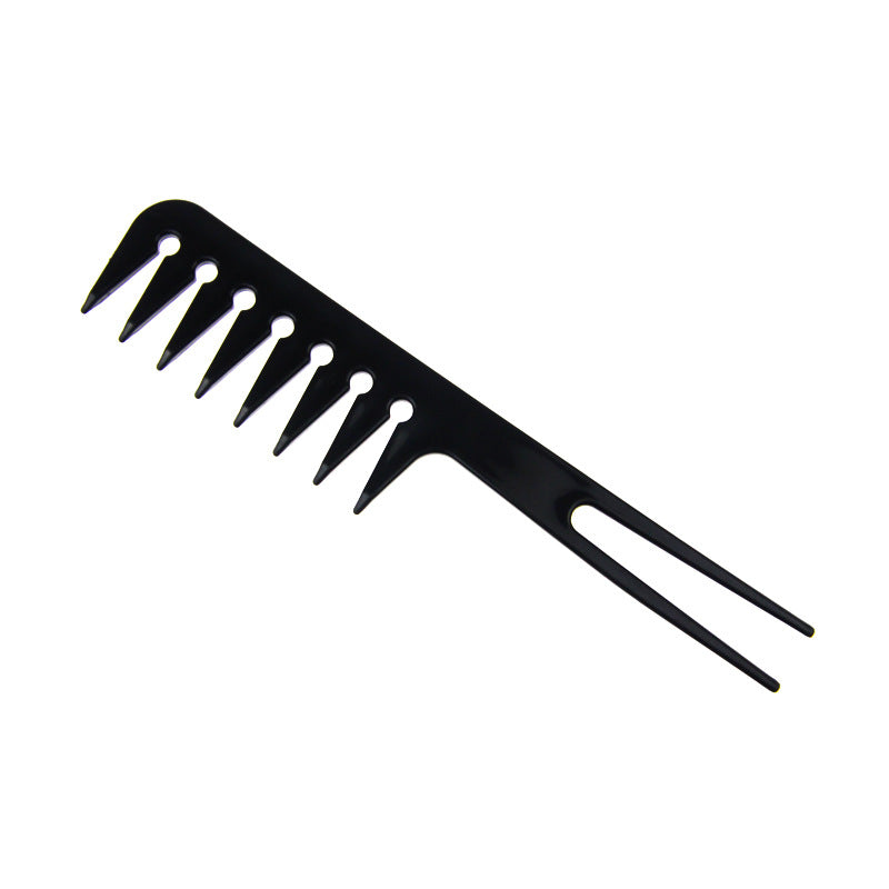 Black wide-tooth plastic hair comb with forked handle on white background, FashionRay style