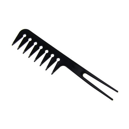 Black wide-tooth plastic hair comb with forked handle on white background, FashionRay style