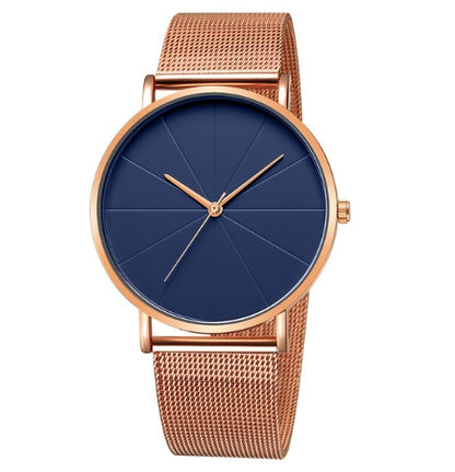 Rose gold mesh band watch with minimalist navy blue face, FashionRay trendy accessory