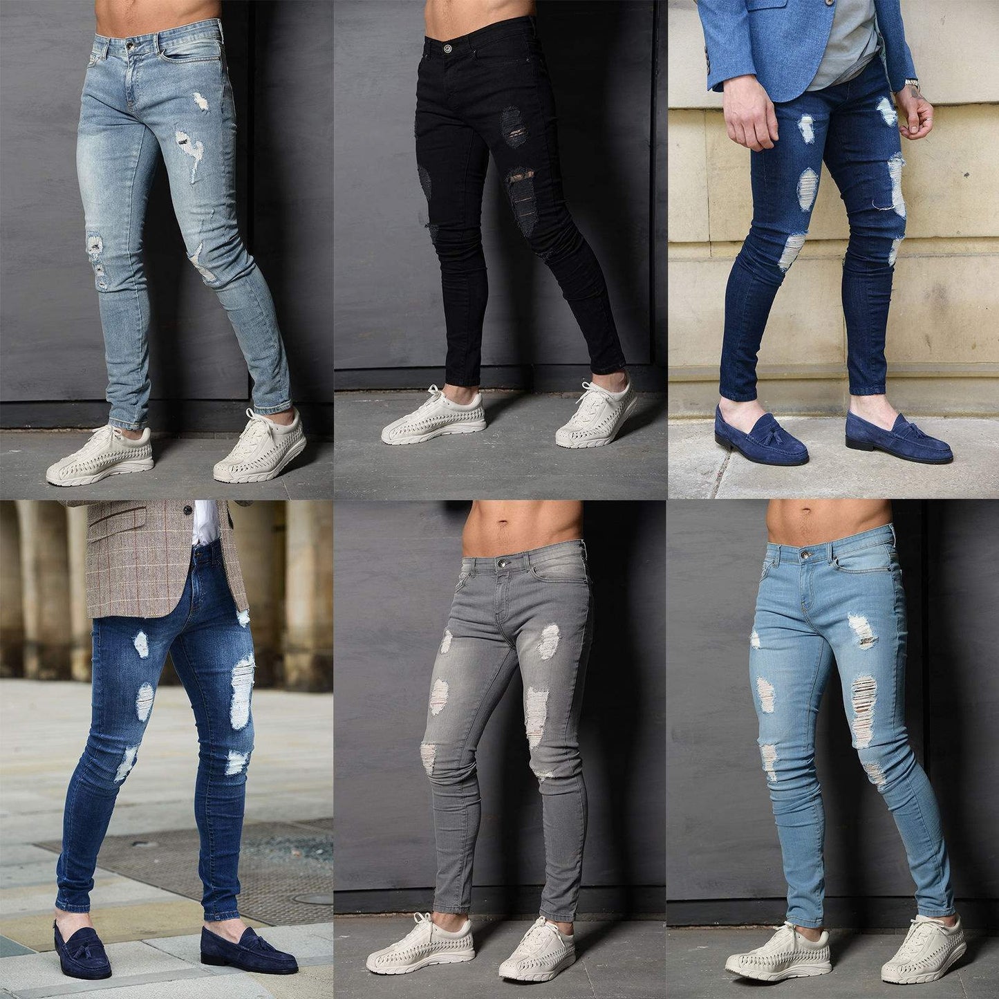 Men’s ripped skinny jeans in various colors, styled with casual shoes, FashionRay trendy look