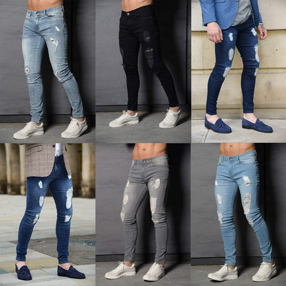 Men’s ripped skinny jeans in various colors, styled with casual shoes, FashionRay trendy look