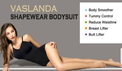 Woman modeling Vaslanda shapewear bodysuit for tummy control and waistline slimming