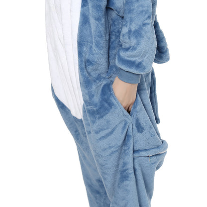 Blue and white plush onesie with zipper pocket, shown on model for FashionRay comfort wear