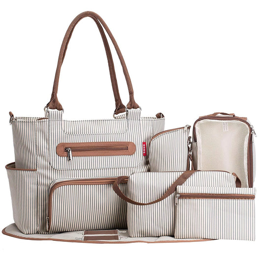 Striped tote bag set with brown accents, includes multiple matching pouches, FashionRay style
