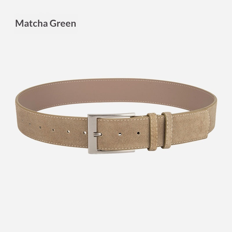 Matcha green suede belt with silver buckle, trendy accessory from FashionRay