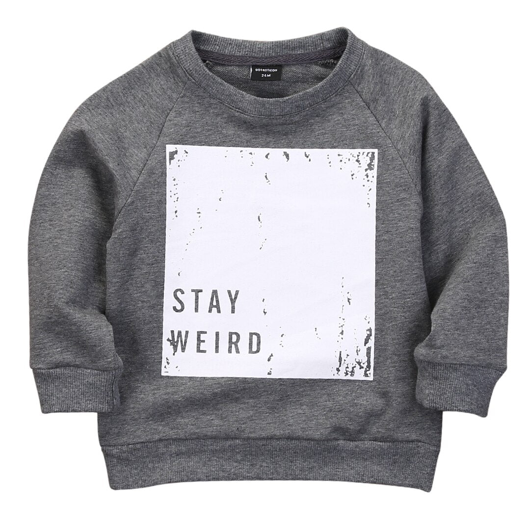 Gray FashionRay sweatshirt with 'STAY WEIRD' print, trendy casual kids' fashion style.