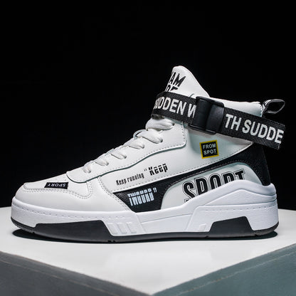 White and black high-top sneaker with bold graphic text, showcased on a podium, FashionRay style